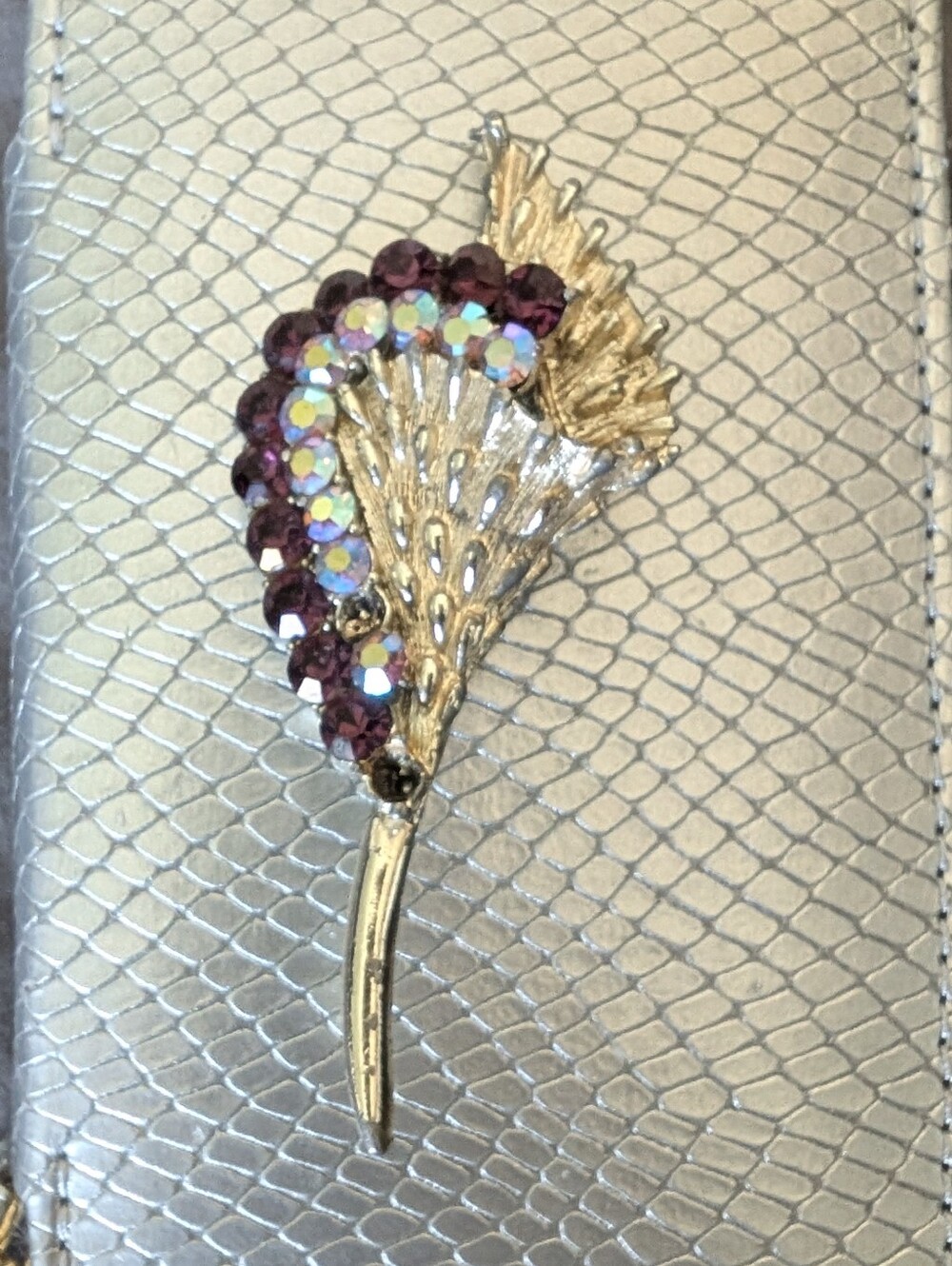 Vintage Art Deco Peacock Gold Tone Crystal Floral Brooch Aurora Borealis Stones